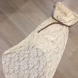 strapless crochet high low dress with belt